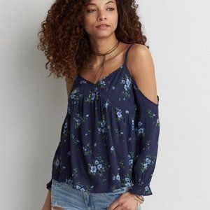 American eagle small blue floral cold shoulder long sleeve blouse